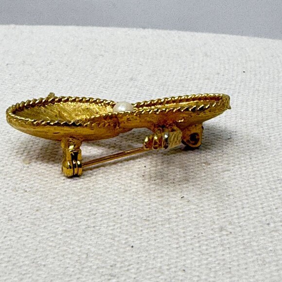 Mamselle Mid-Century Brooch Vintage Gold-Tone Faux Pearl Signed - Picture 4 of 10